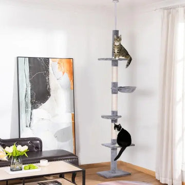 PawHut 9' Adjustable Height Floor-To-Ceiling Vertical Cat Tree - Grey And White KuroshiroOnline