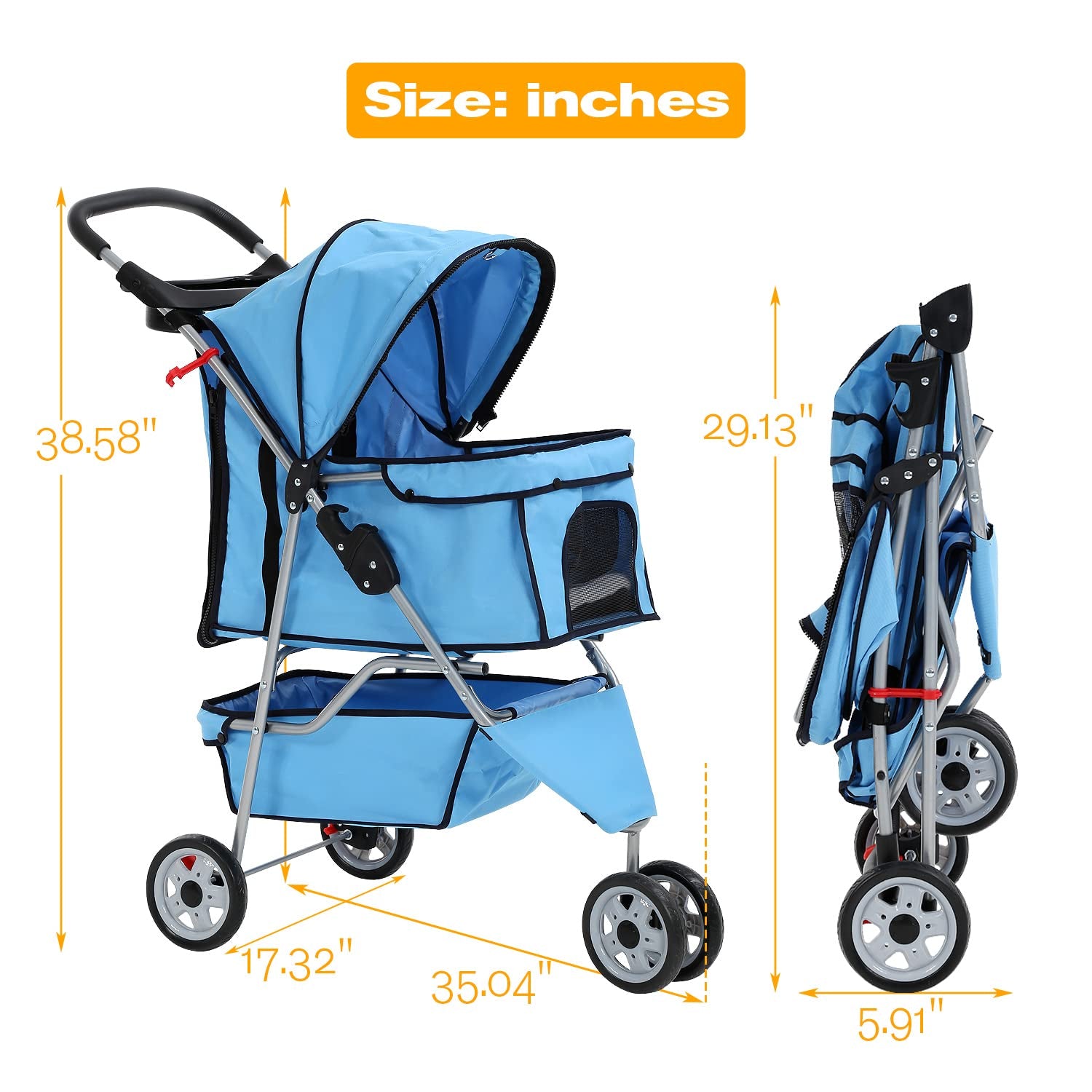Folding Dog Stroller, 3 Wheels Pet Strollers Pet Gear for Small Medium Cats Dogs Puppy with Storage Basket, Cup Holder,Lightweight Blue 35.04Inchx17.32Inchx38.58Inch