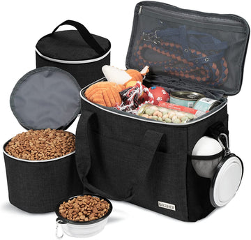 Dog Travel Bag Backpack Pet Supplies Backpack Pet Accessories Storage Bag 5-Piece Set with Shoulder Strap 2 Lined Pet Food Containers 4 Foldable Feeding Bowls Essential Kit for Pet Travel