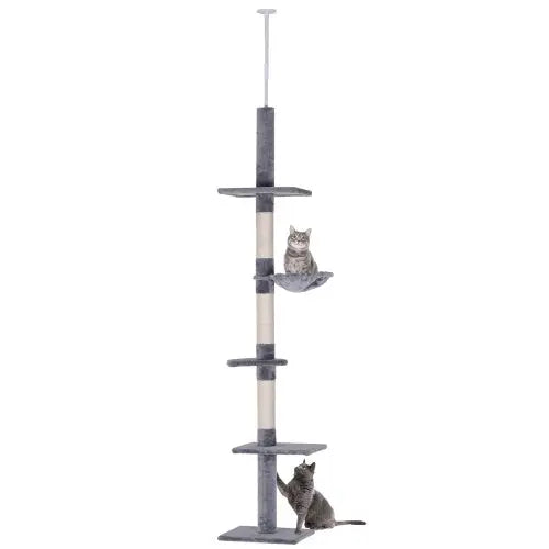 PawHut 9' Adjustable Height Floor-To-Ceiling Vertical Cat Tree - Grey And White KuroshiroOnline