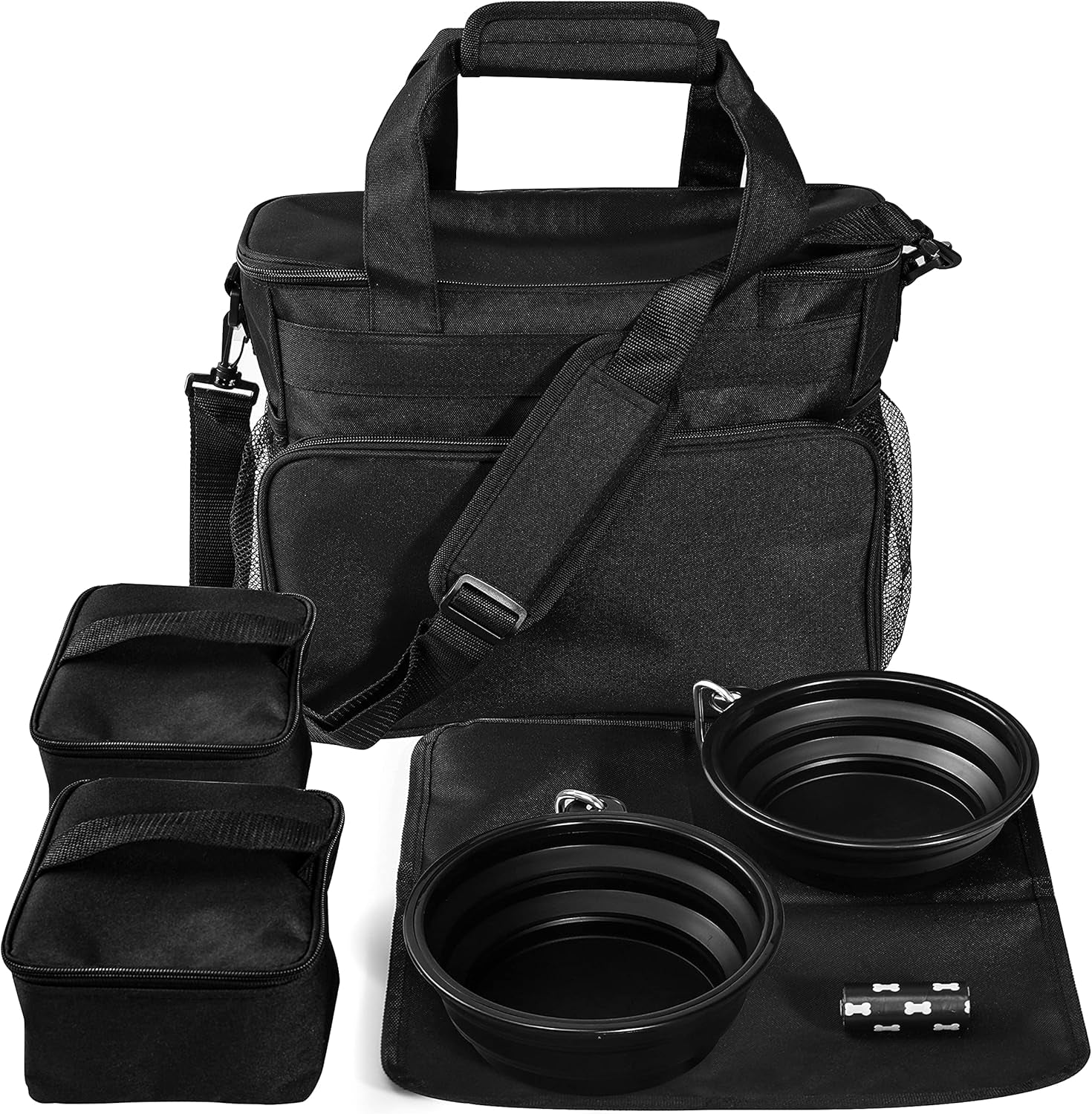 Pet Travel Bag Weekend Dog Travel Set for Dog Cat Airline Approved Tote Organizer with Multi-Function Pockets and Two Silicone Collapsible Bowls (Black)