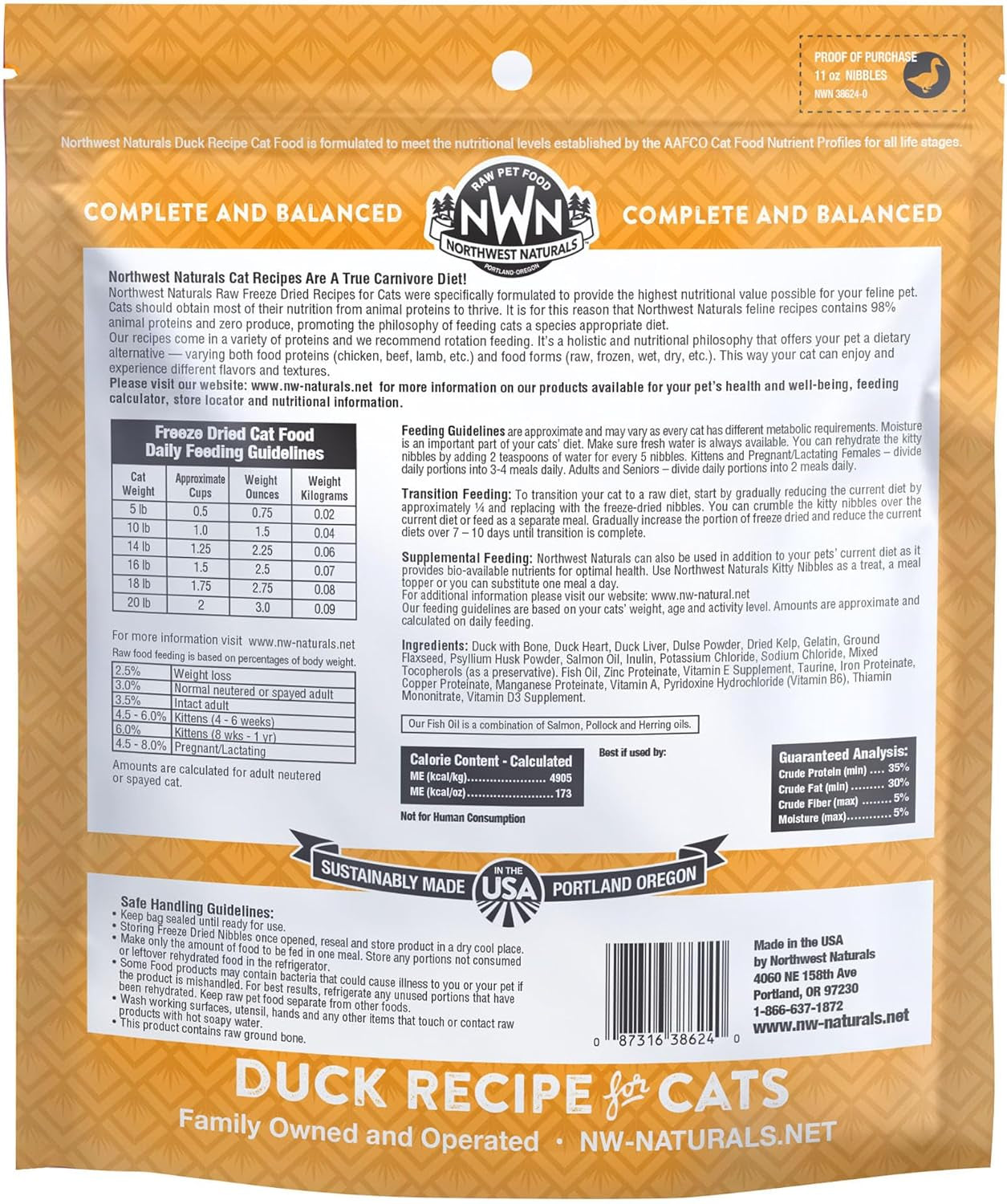 Freeze-Dried Duck Cat & Kitten Food, Grain-Free, Bite-Sized Nibbles. Healthy, Limited, Human-Grade Ingredients, Complete & Balanced, All-Natural, High-Protein Diet, USA Made, 11 Oz