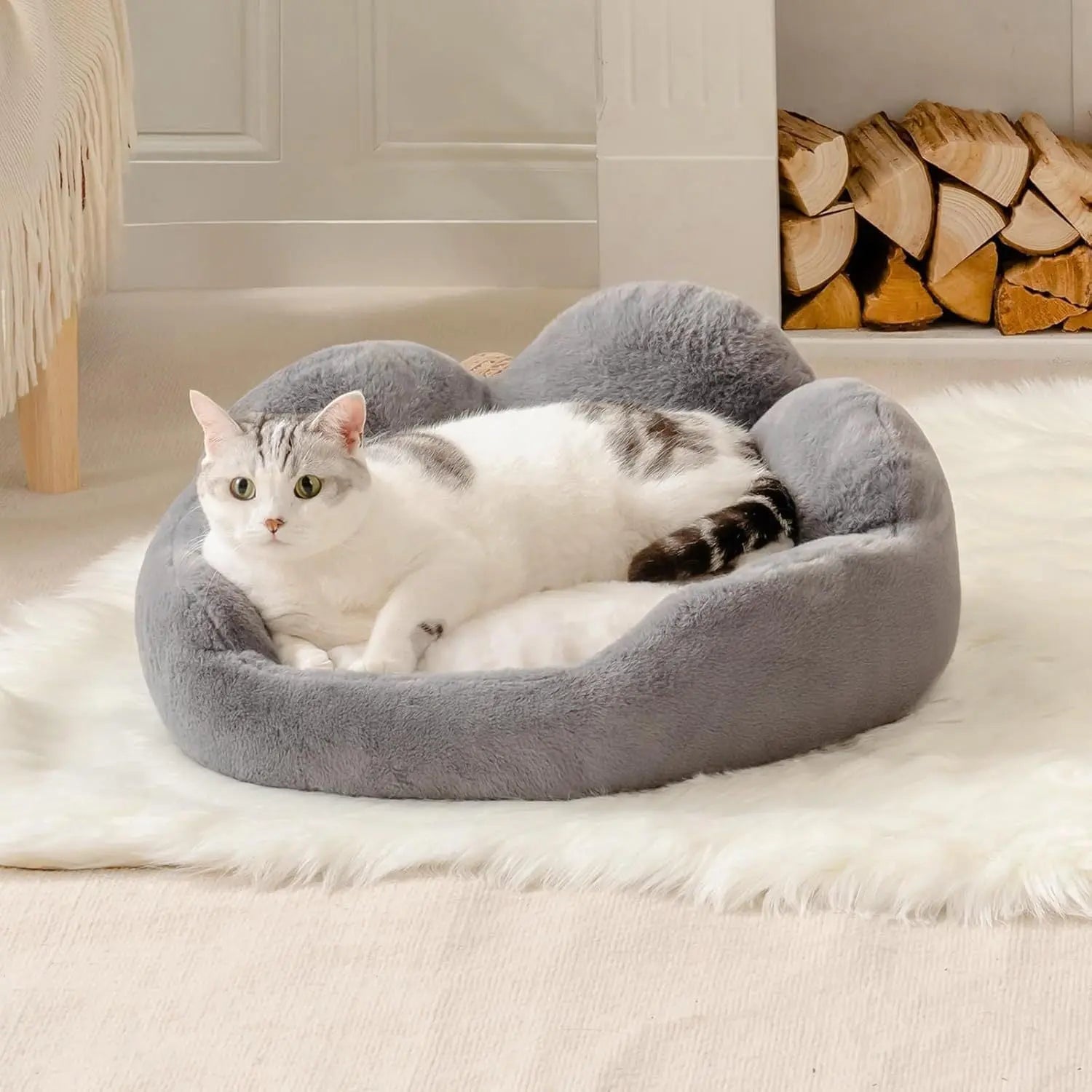 MEWOOFUN Cat Bed And Small Dog Bed, Fluffy Dog Bed Washable Cat Couch Bed, Cute Cat Bed For Indoor Cats, Flower Cat Sofa Bed With Non Slip Bottom, Pet Bed For Puppy And Kitten Grey, 23 KuroshiroOnline