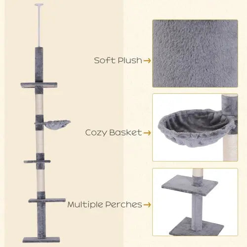 PawHut 9' Adjustable Height Floor-To-Ceiling Vertical Cat Tree - Grey And White KuroshiroOnline
