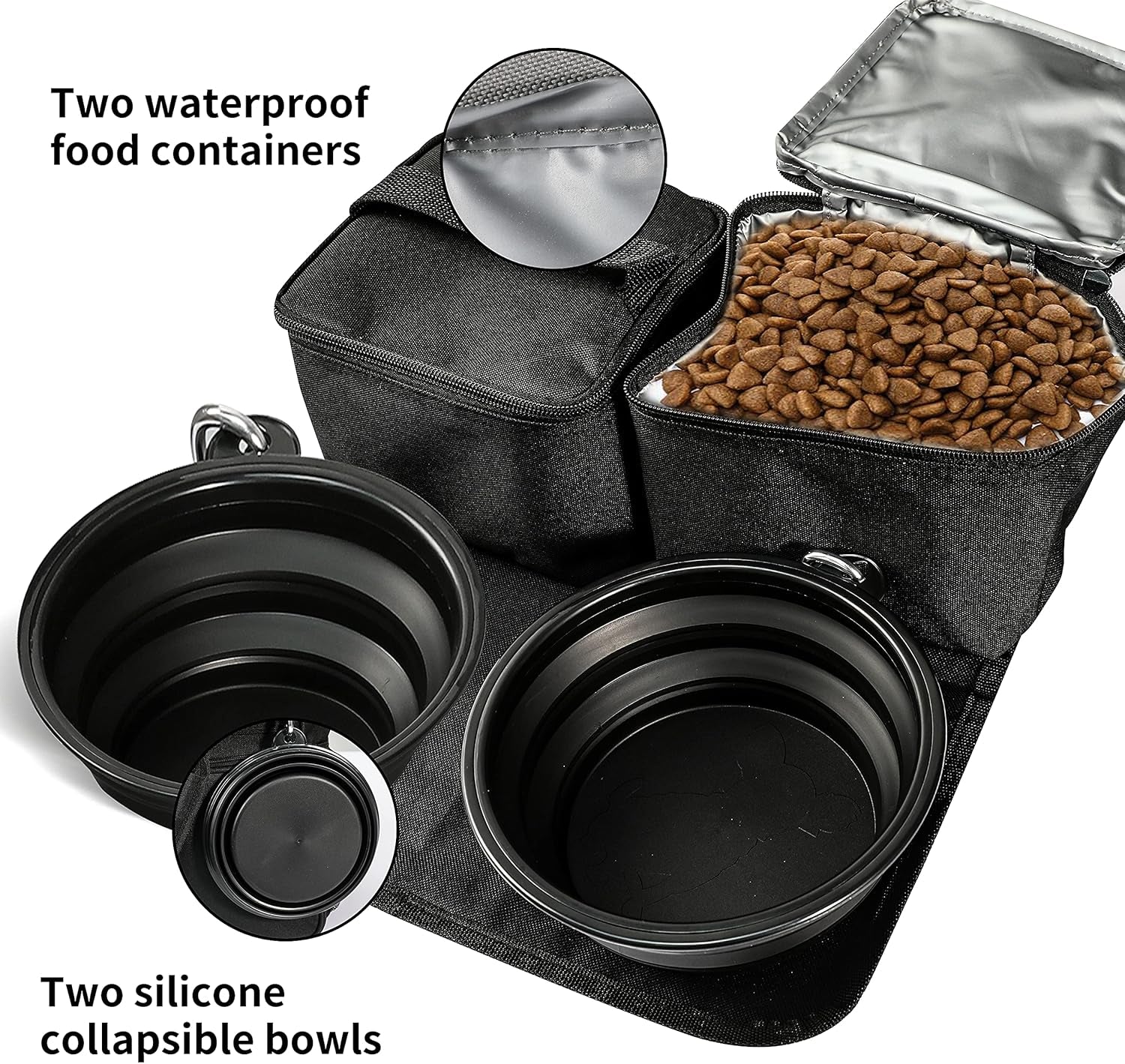 Pet Travel Bag Weekend Dog Travel Set for Dog Cat Airline Approved Tote Organizer with Multi-Function Pockets and Two Silicone Collapsible Bowls (Black)
