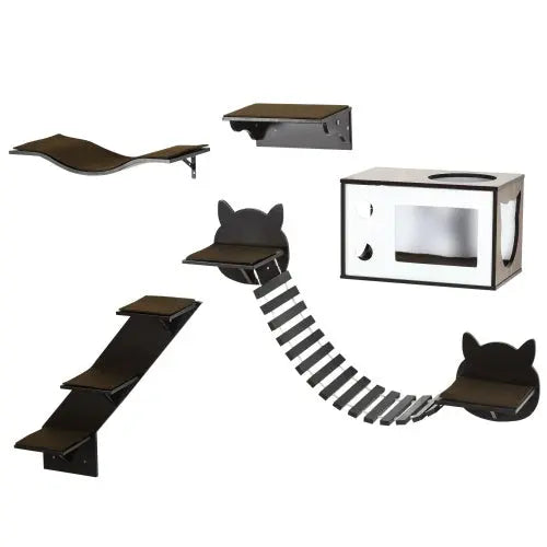 PawHut Cat Shelves With Ergonomically Curved Platform, Cozy Cat House, Bridge, Easy Stairs, And Flat Perch, Wall-Mounted Cat Tree Climbing Playground, Modern Cat Tree, Coffee Brown KuroshiroOnline