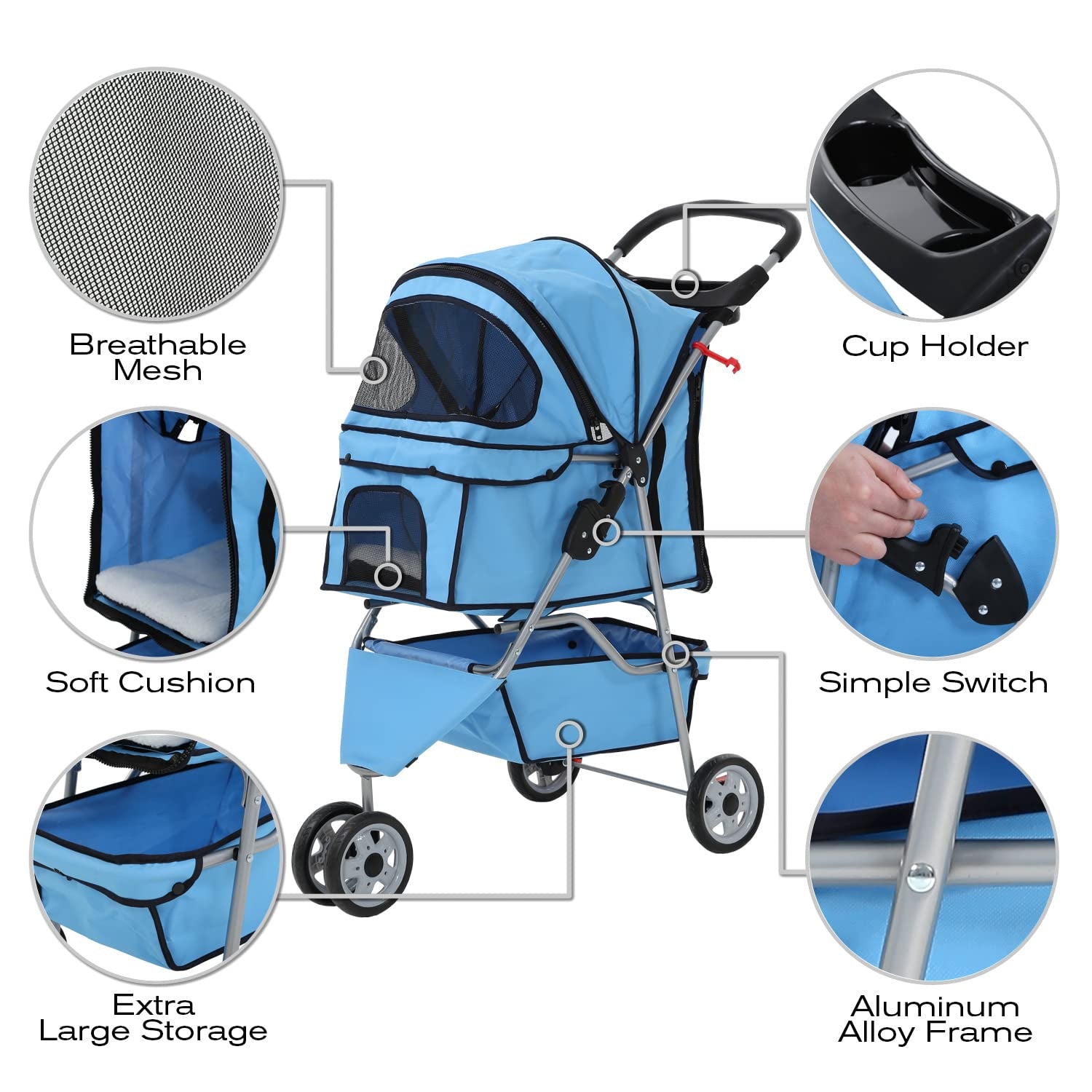 Folding Dog Stroller, 3 Wheels Pet Strollers Pet Gear for Small Medium Cats Dogs Puppy with Storage Basket, Cup Holder,Lightweight Blue 35.04Inchx17.32Inchx38.58Inch