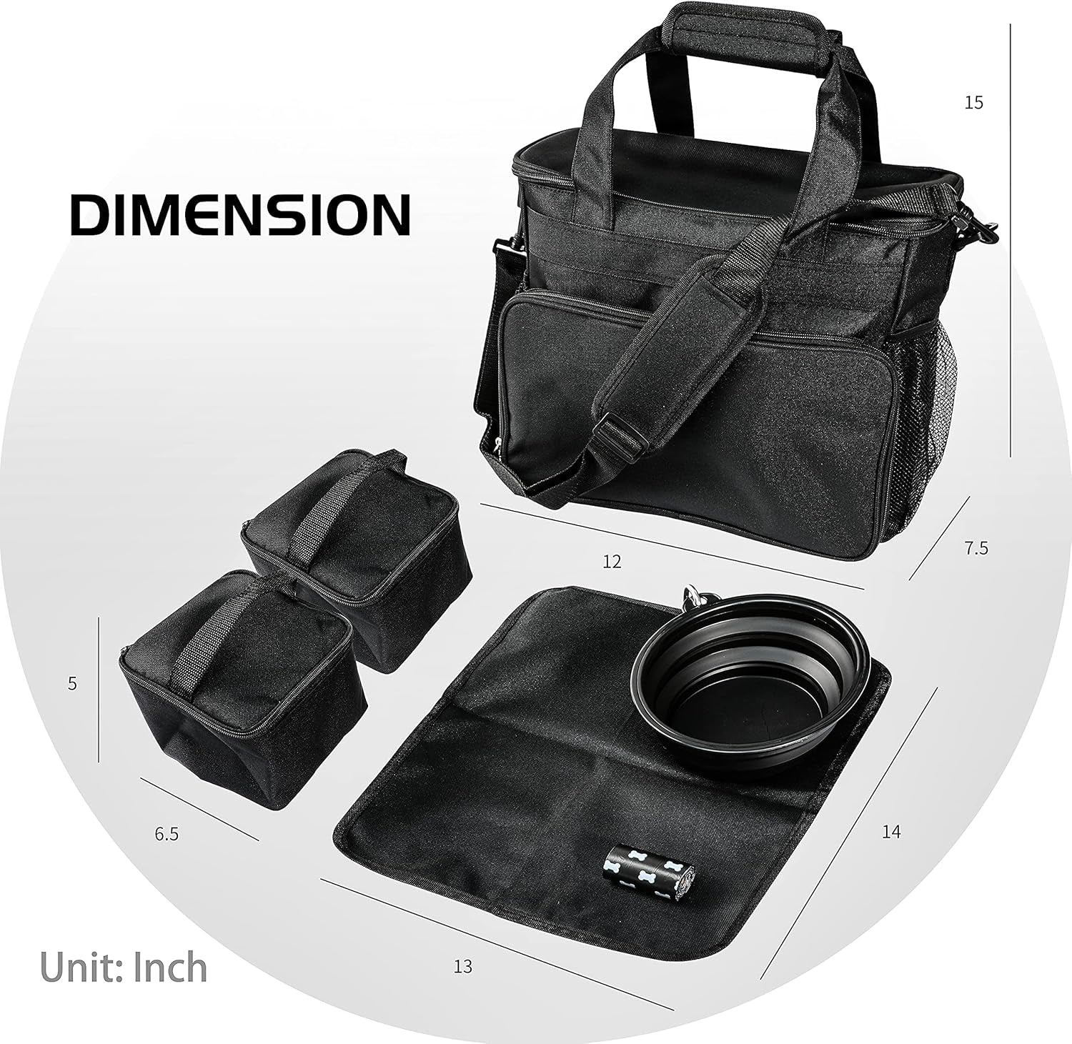 Pet Travel Bag Weekend Dog Travel Set for Dog Cat Airline Approved Tote Organizer with Multi-Function Pockets and Two Silicone Collapsible Bowls (Black)