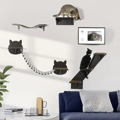 PawHut Cat Shelves With Ergonomically Curved Platform, Cozy Cat House, Bridge, Easy Stairs, And Flat Perch, Wall-Mounted Cat Tree Climbing Playground, Modern Cat Tree, Coffee Brown KuroshiroOnline