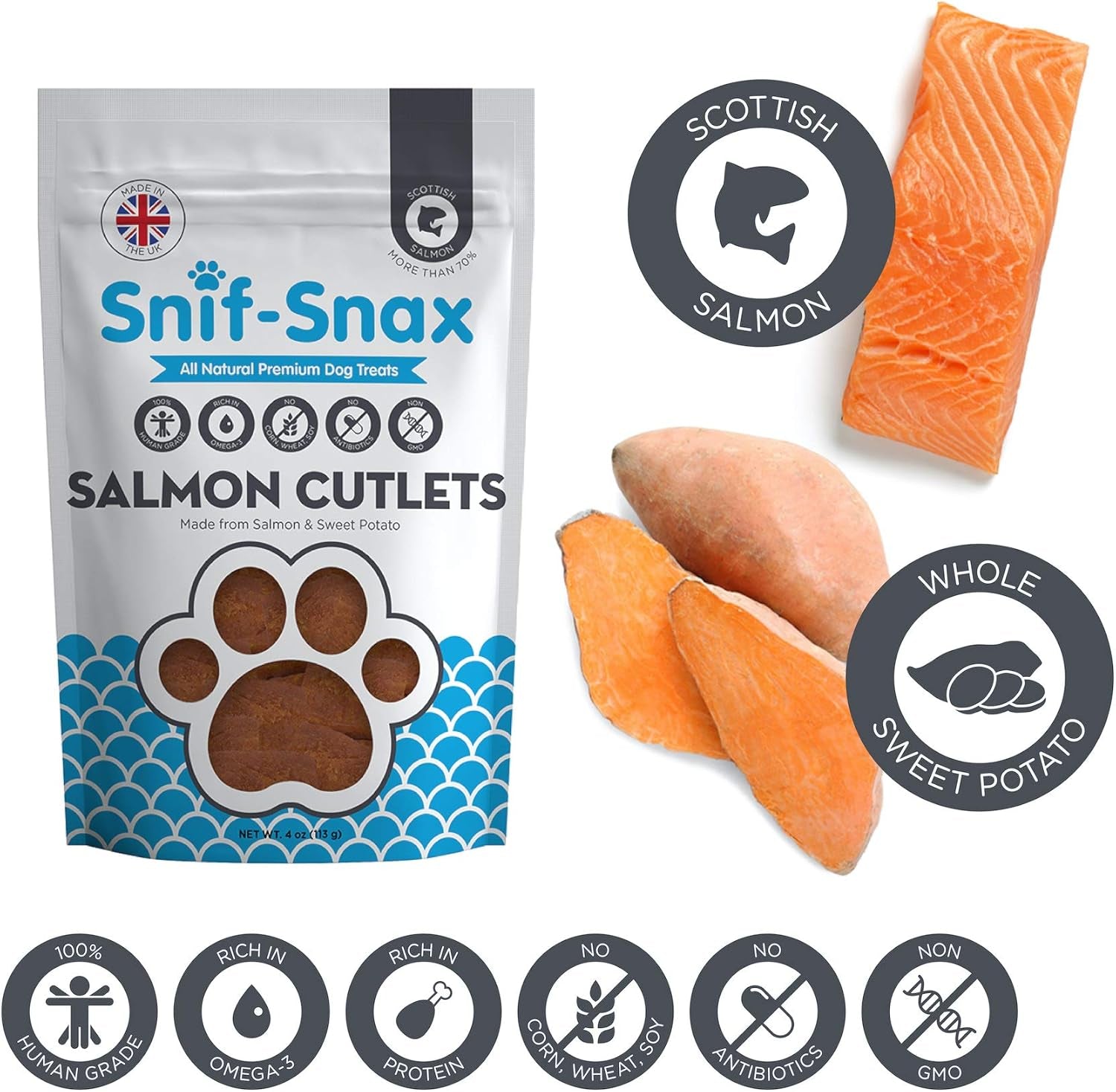 ™ Human Grade Dog Treats - All-Natural Smoked Salmon & Sweet Potato Cutlets, 4Oz