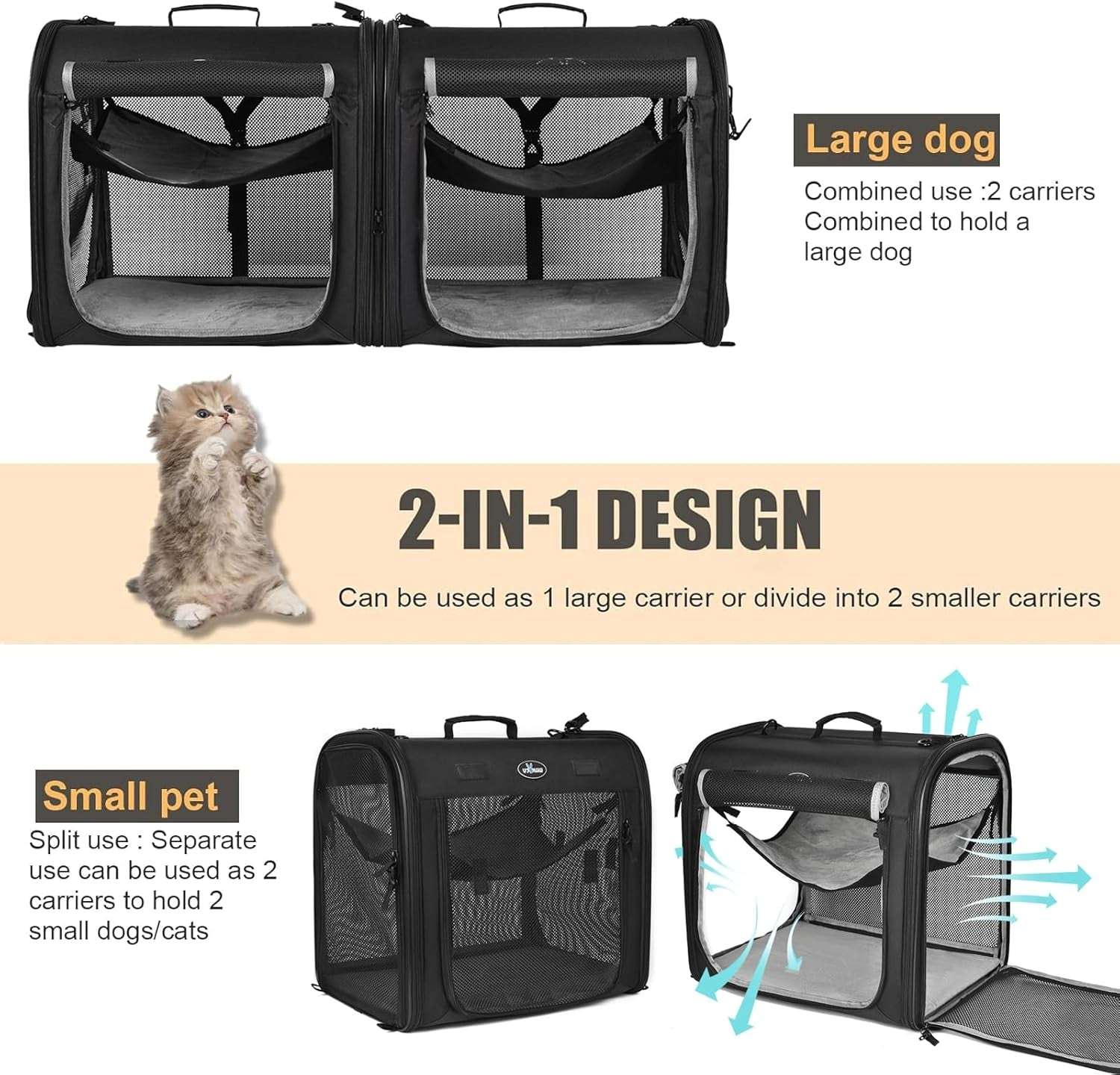 2-In-1 Pet Carrier for Small Dogs Cats Portable Dog Carrier for 2 Dogs Double Cat Carrier for Travel with Litter Box, Pet Kennel Shelter Crates