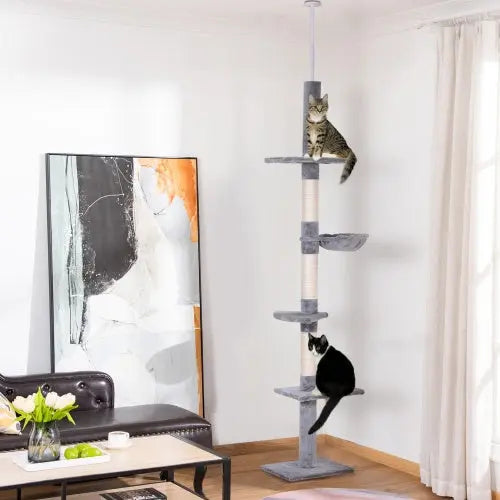PawHut 9' Adjustable Height Floor-To-Ceiling Vertical Cat Tree - Grey And White KuroshiroOnline