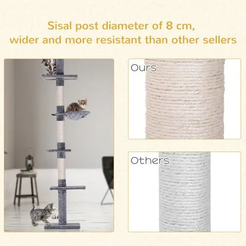 PawHut 9' Adjustable Height Floor-To-Ceiling Vertical Cat Tree - Grey And White KuroshiroOnline