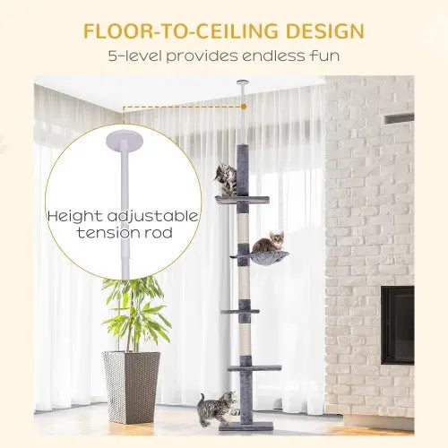PawHut 9' Adjustable Height Floor-To-Ceiling Vertical Cat Tree - Grey And White KuroshiroOnline