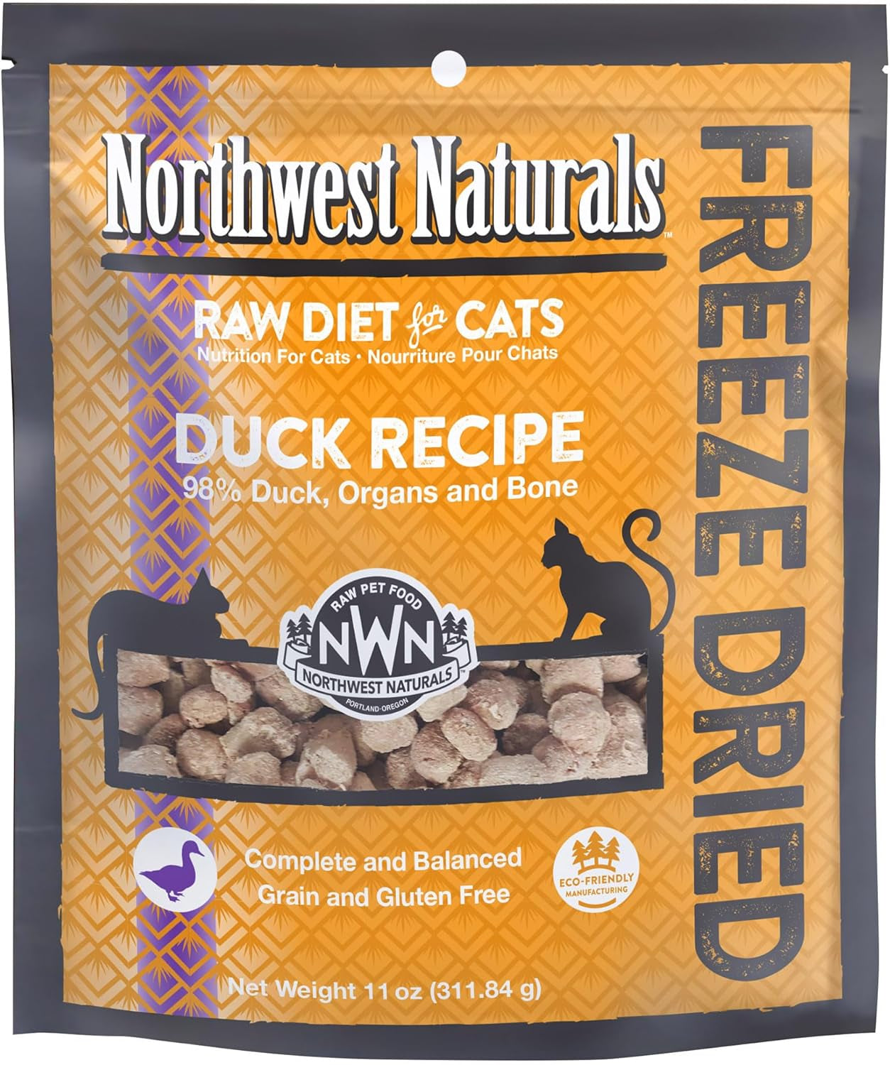 Freeze-Dried Duck Cat & Kitten Food, Grain-Free, Bite-Sized Nibbles. Healthy, Limited, Human-Grade Ingredients, Complete & Balanced, All-Natural, High-Protein Diet, USA Made, 11 Oz
