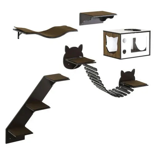 PawHut Cat Shelves With Ergonomically Curved Platform, Cozy Cat House, Bridge, Easy Stairs, And Flat Perch, Wall-Mounted Cat Tree Climbing Playground, Modern Cat Tree, Coffee Brown KuroshiroOnline