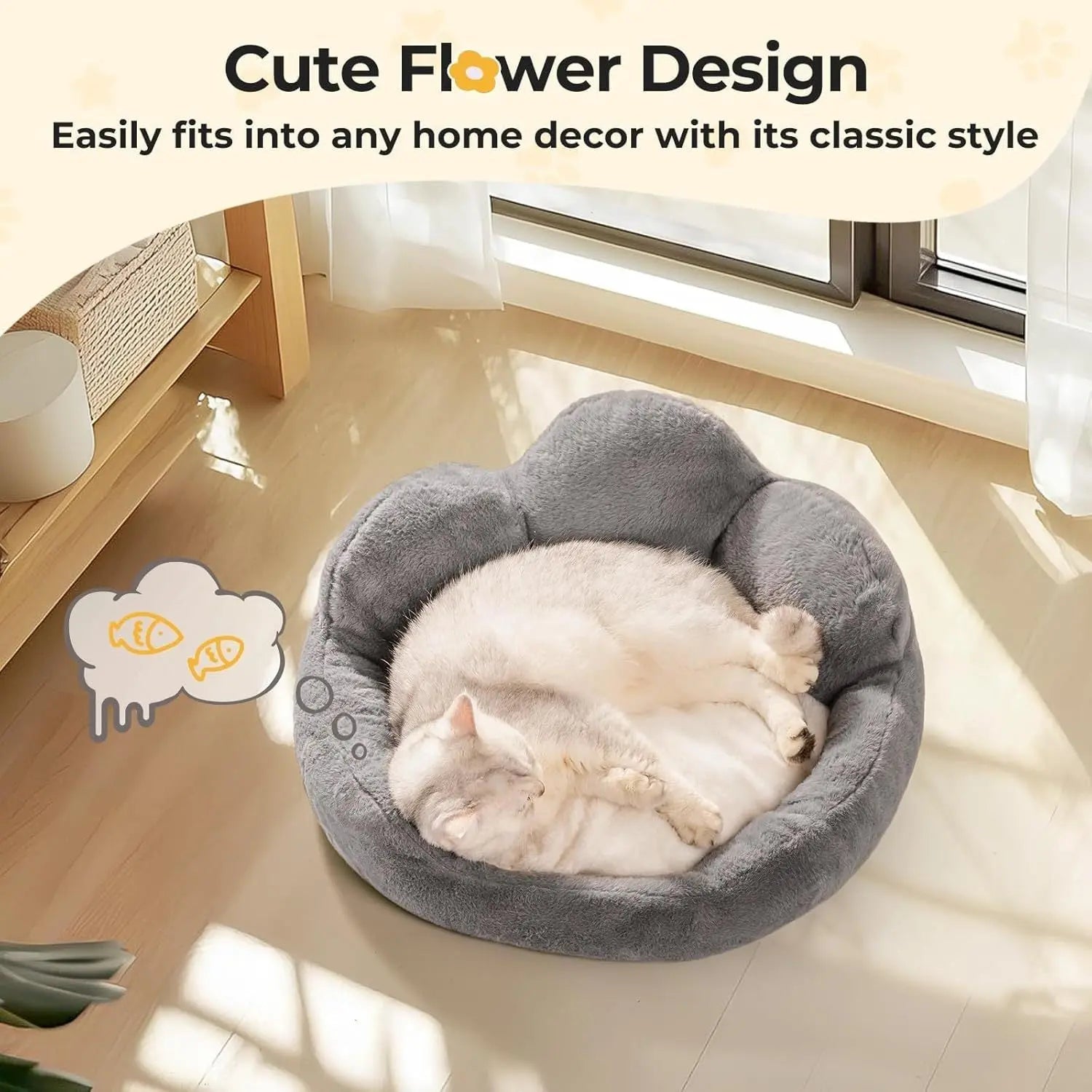 MEWOOFUN Cat Bed And Small Dog Bed, Fluffy Dog Bed Washable Cat Couch Bed, Cute Cat Bed For Indoor Cats, Flower Cat Sofa Bed With Non Slip Bottom, Pet Bed For Puppy And Kitten Grey, 23 KuroshiroOnline