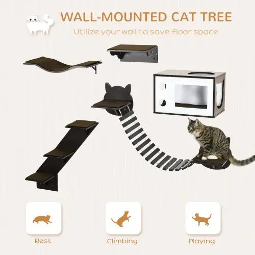 PawHut Cat Shelves With Ergonomically Curved Platform, Cozy Cat House, Bridge, Easy Stairs, And Flat Perch, Wall-Mounted Cat Tree Climbing Playground, Modern Cat Tree, Coffee Brown KuroshiroOnline