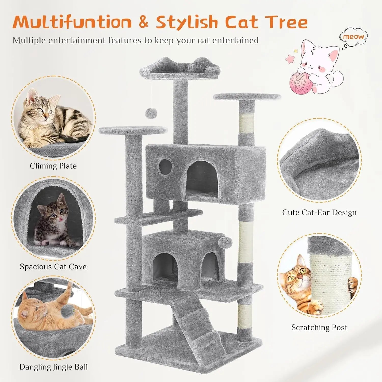 54 -Cat Tree Tower - Multi-level With Sisal Grab Post, Indoor Apartment With Ladder, Plush Toys, Rest And Play KuroshiroOnline