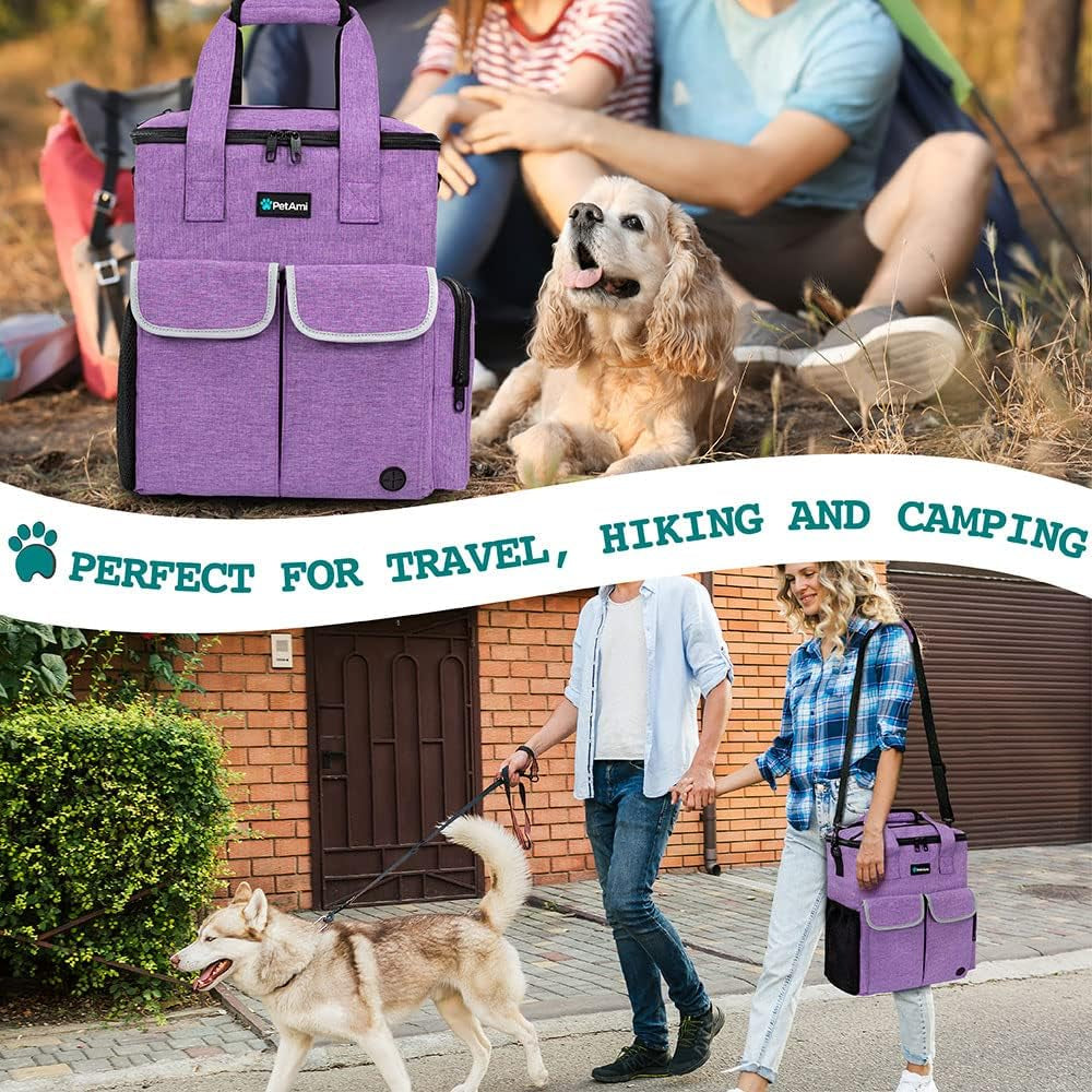 Dog Travel Bag Pet Supplies Accessories Organizer for Traveling, Camping, Weekend; Cat Pet Travel Bag Kit Includes 2 Food Storage Containers, 2 Collapsible Bowls, 1 Feeding Mat (Purple)