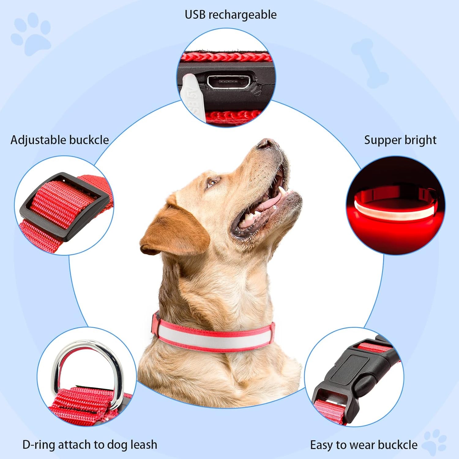 Light up Dog Collars - USB Rechargeable Glowing LED Dog Collar - High Visibility Adjustable Lighted Pet Collar, Flashing Dog Lights for Night Walking (Medium, Red)