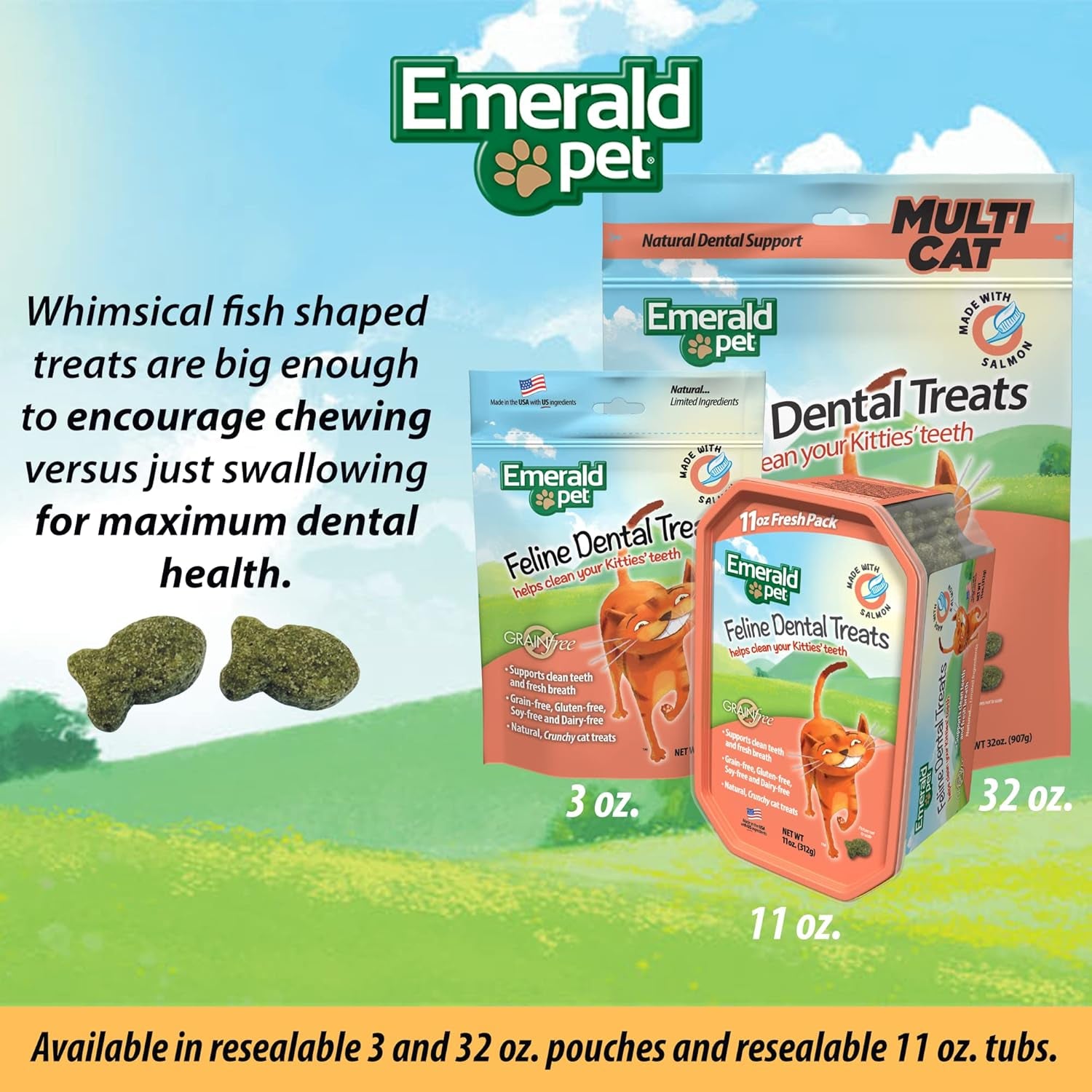 Feline Dental Treats — Tasty and Crunchy Cat Dental Treats Grain Free — Natural Dental Treats to Clean Cat Teeth, Freshen Cat Breath, and Reduce Plaque and Tartar Buildup — Salmon Treats, 11 Oz