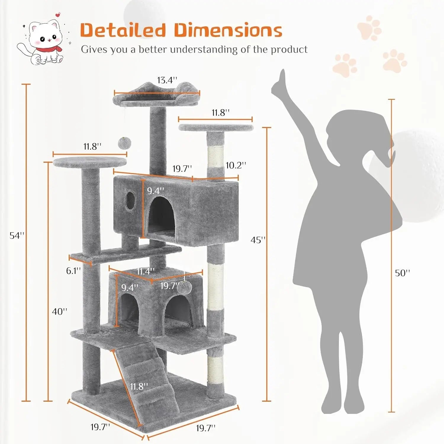 54 -Cat Tree Tower - Multi-level With Sisal Grab Post, Indoor Apartment With Ladder, Plush Toys, Rest And Play KuroshiroOnline