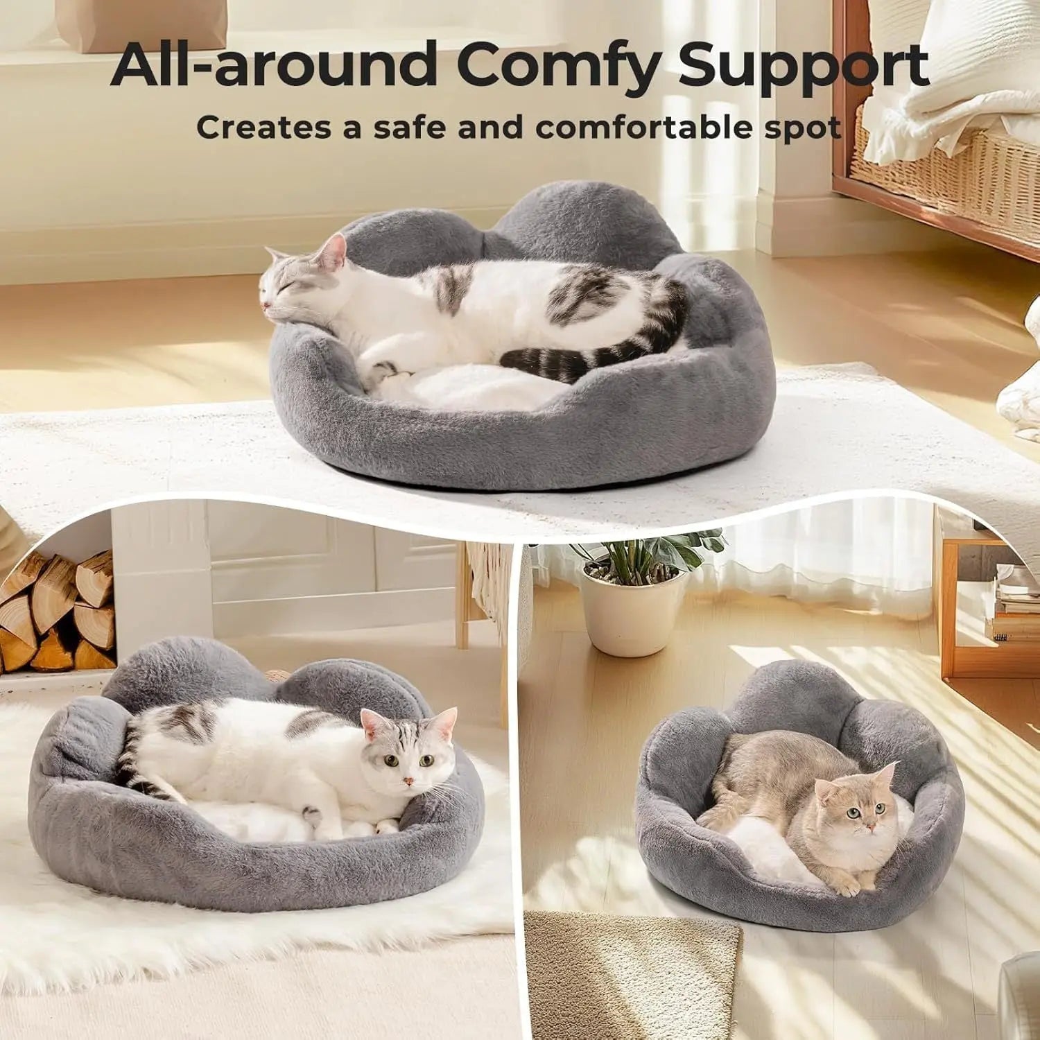 MEWOOFUN Cat Bed And Small Dog Bed, Fluffy Dog Bed Washable Cat Couch Bed, Cute Cat Bed For Indoor Cats, Flower Cat Sofa Bed With Non Slip Bottom, Pet Bed For Puppy And Kitten Grey, 23 KuroshiroOnline