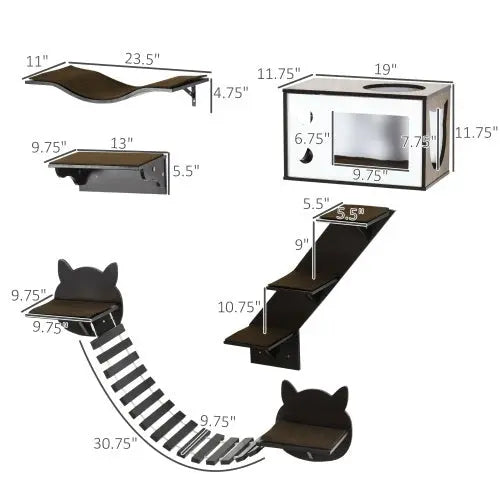 PawHut Cat Shelves With Ergonomically Curved Platform, Cozy Cat House, Bridge, Easy Stairs, And Flat Perch, Wall-Mounted Cat Tree Climbing Playground, Modern Cat Tree, Coffee Brown KuroshiroOnline