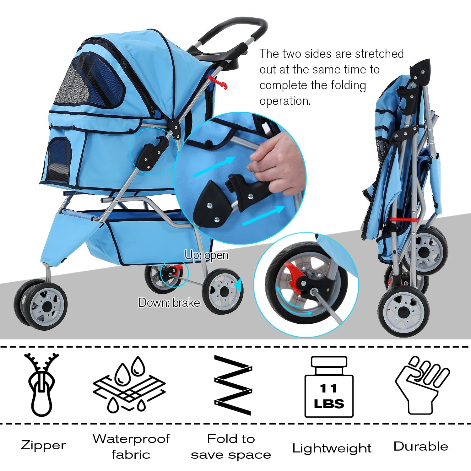 Folding Dog Stroller, 3 Wheels Pet Strollers Pet Gear for Small Medium Cats Dogs Puppy with Storage Basket, Cup Holder,Lightweight Blue 35.04Inchx17.32Inchx38.58Inch