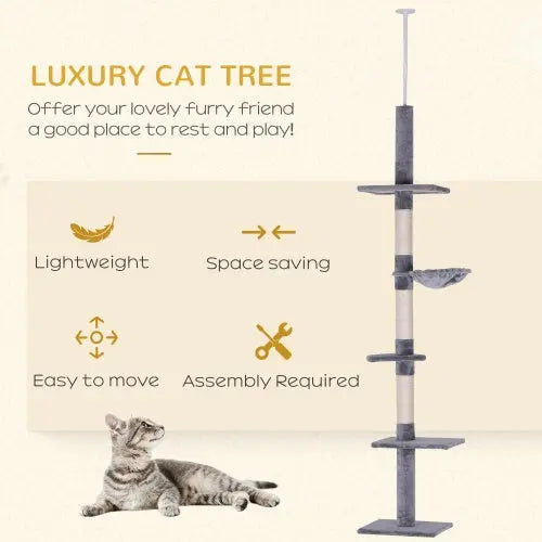 PawHut 9' Adjustable Height Floor-To-Ceiling Vertical Cat Tree - Grey And White KuroshiroOnline