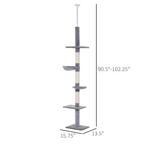 PawHut 9' Adjustable Height Floor-To-Ceiling Vertical Cat Tree - Grey And White KuroshiroOnline