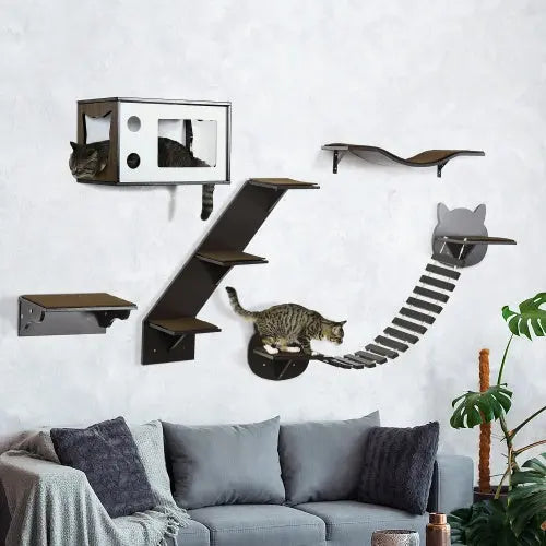 PawHut Cat Shelves With Ergonomically Curved Platform, Cozy Cat House, Bridge, Easy Stairs, And Flat Perch, Wall-Mounted Cat Tree Climbing Playground, Modern Cat Tree, Coffee Brown KuroshiroOnline