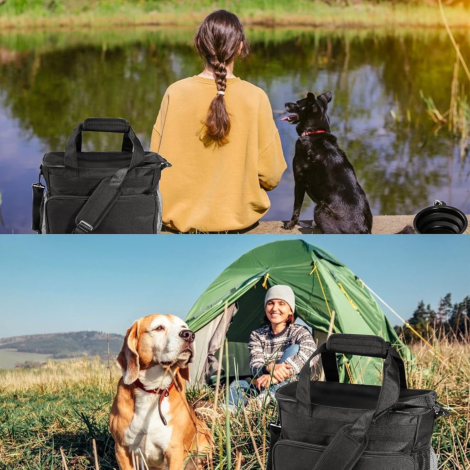 Pet Travel Bag Weekend Dog Travel Set for Dog Cat Airline Approved Tote Organizer with Multi-Function Pockets and Two Silicone Collapsible Bowls (Black)