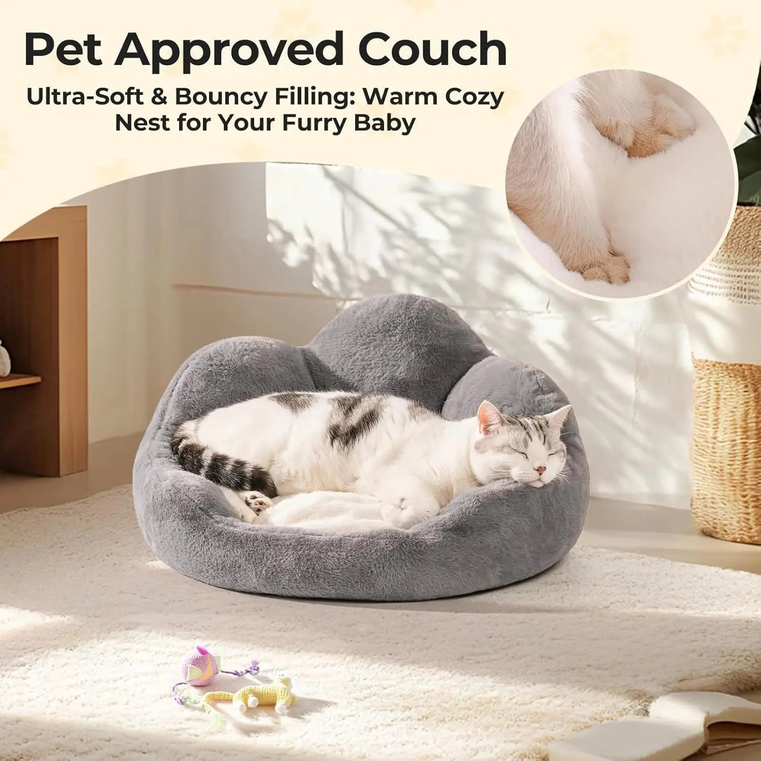 MEWOOFUN Cat Bed And Small Dog Bed, Fluffy Dog Bed Washable Cat Couch Bed, Cute Cat Bed For Indoor Cats, Flower Cat Sofa Bed With Non Slip Bottom, Pet Bed For Puppy And Kitten Grey, 23 KuroshiroOnline